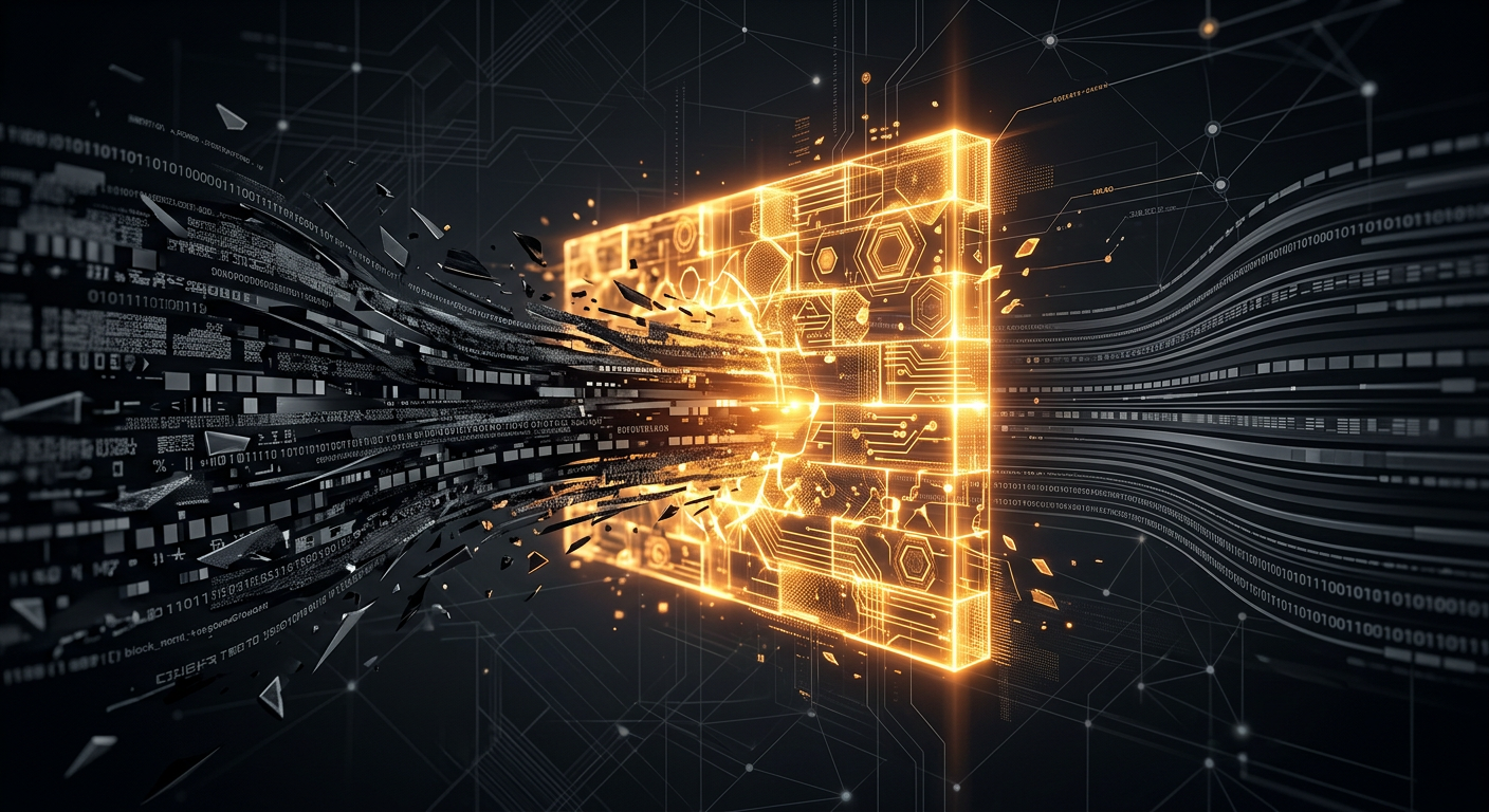 Abstract digital security concept: a glowing amber firewall barrier filtering data streams between chaotic input and clean output