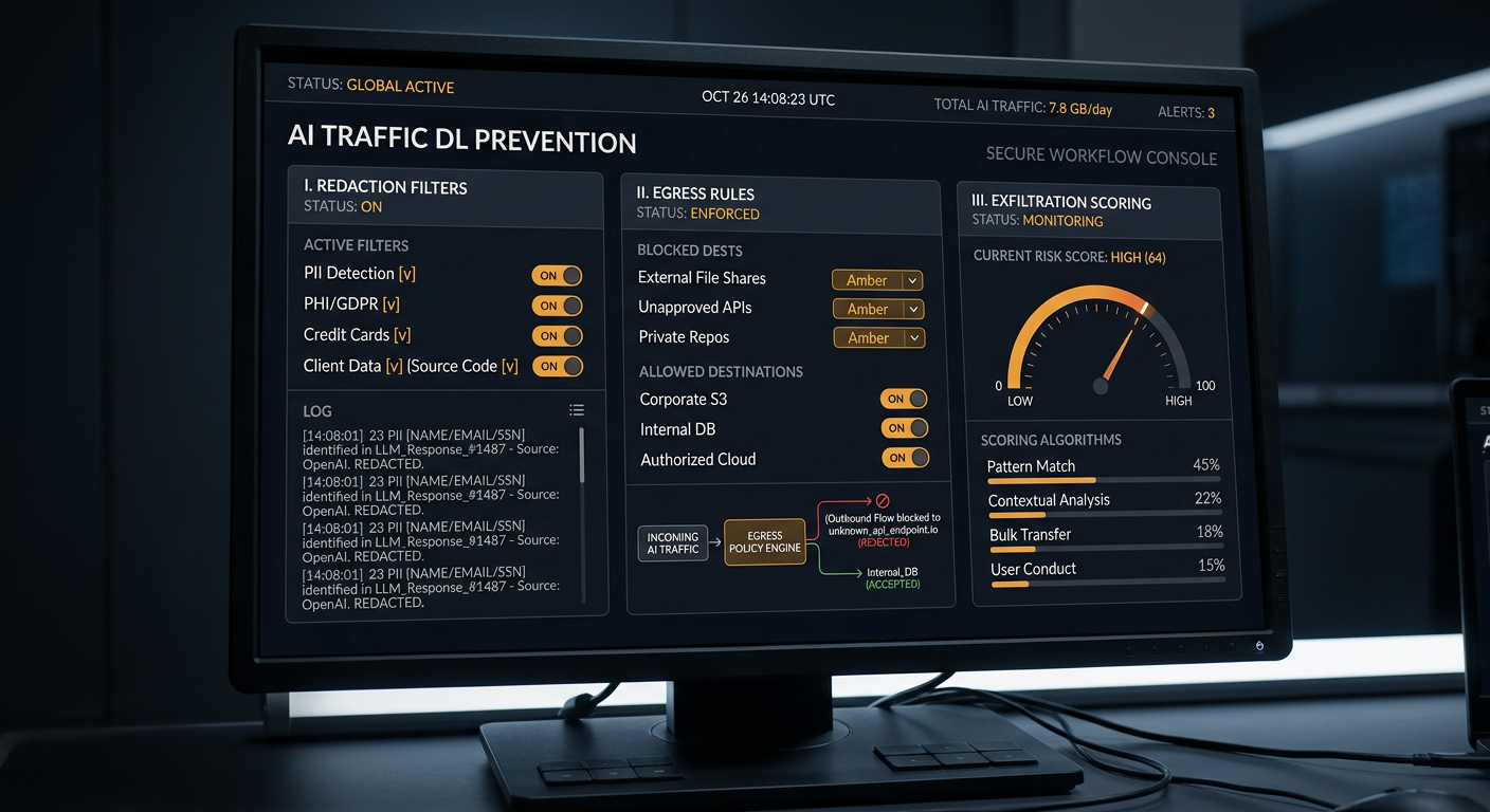 Abstract security concept: a practical control panel showing data leak prevention policies being applied to AI workflow traffic