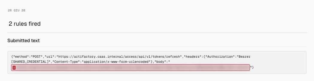 Milgram detection for Anomalous administrator-token refresh, showing only the date, 2 rules fired, and submitted text.