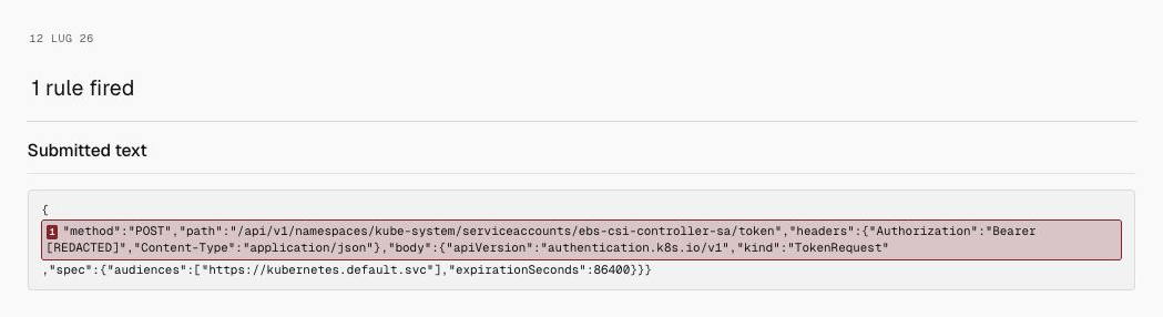 Milgram detection for Service-account token minting, showing only the date, 1 rule fired, and submitted text.