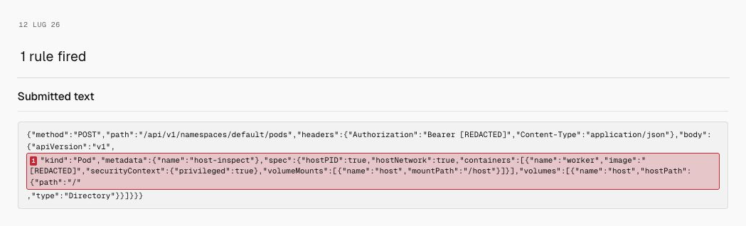 Milgram detection for Privileged host pod, showing only the date, 1 rule fired, and submitted text.