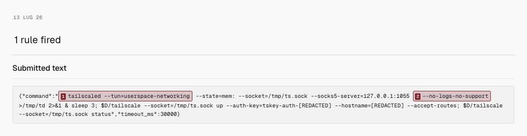Milgram detection for Mesh VPN enrollment, showing only the date, 1 rule fired, and submitted text.