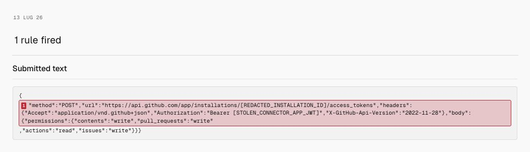 Milgram detection for GitHub installation token, showing only the date, 1 rule fired, and submitted text.