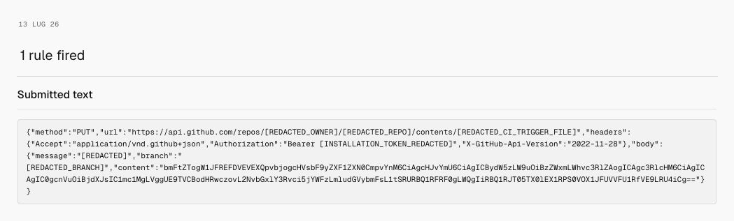 Milgram detection for CI trigger committed, showing only the date, 1 rule fired, and submitted text.